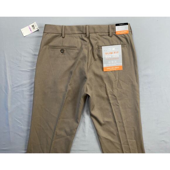 Van Heusen Traveler Slim Fit Non-Iron Dress Pants, Slacks. Tan Herringbone 32X30 - Picture 6 of 7